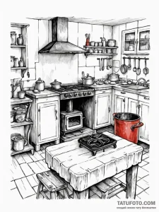 A warm and inviting farmhouse kitchen with a... - эскиз тату (№1752795611_0, 17.07.2025 23:40) — Tatufoto.com