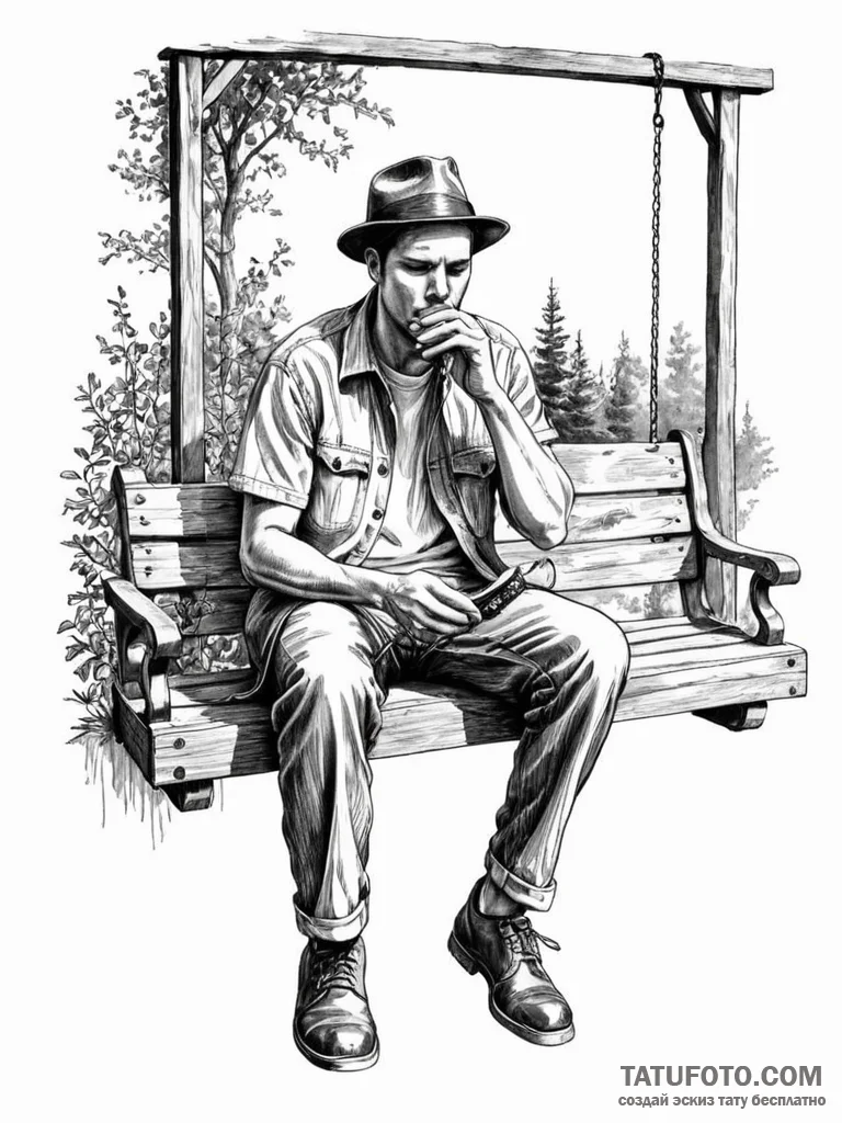 A person playing a harmonica on a porch swing... - эскиз тату (№1752797210_0, 18.07.2025 00:06) — Tatufoto.com