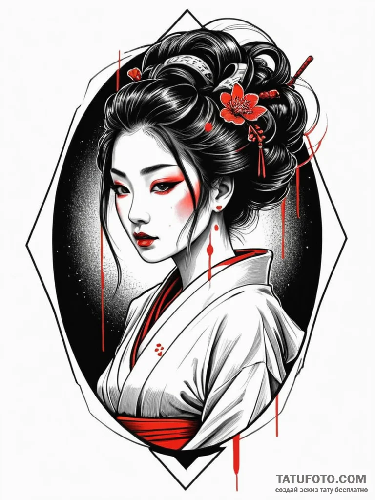 A sketch of the geisha hologram advertisement... - эскиз тату (№1752832802_0, 18.07.2025 10:00) — Tatufoto.com