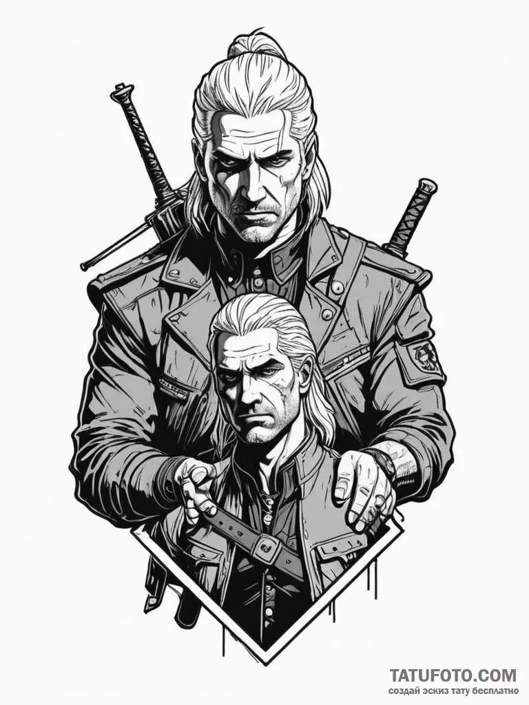 A neo-traditional tattoo of geralt and jaskie... - эскиз тату (№1752834308_0, 18.07.2025 10:25) — Tatufoto.com