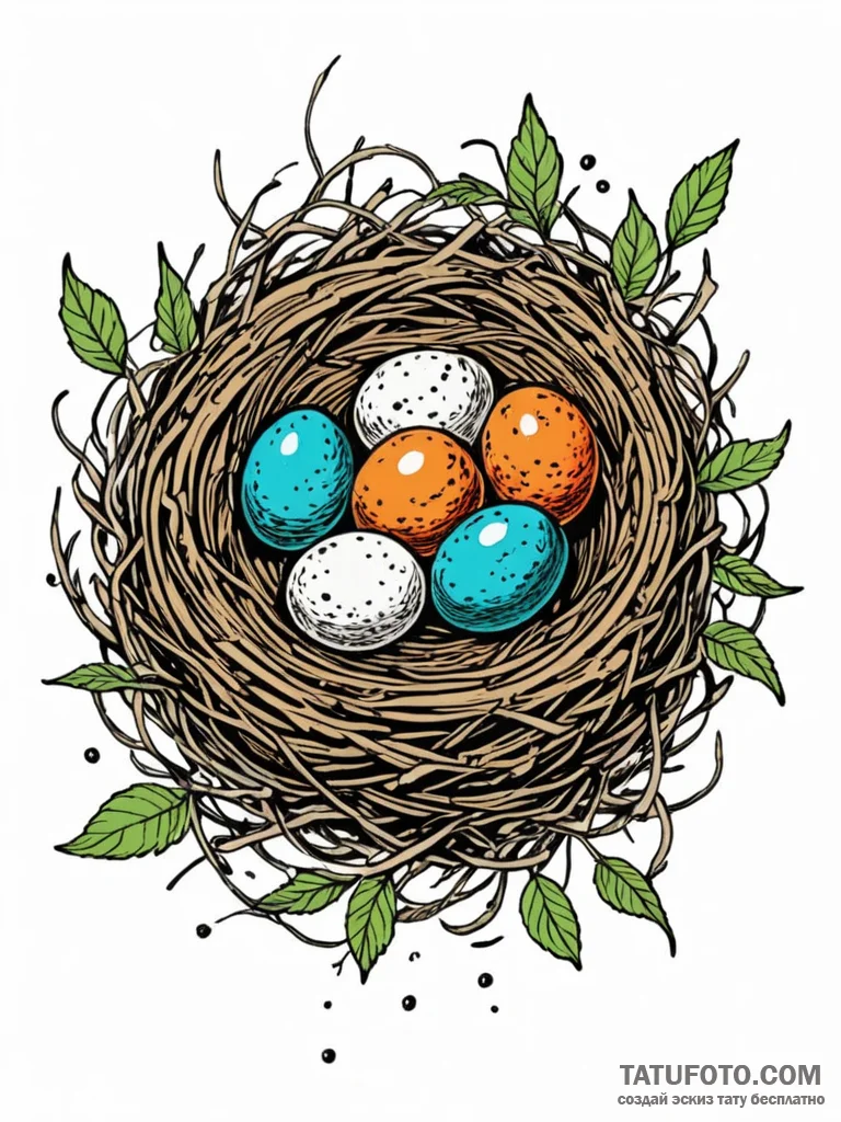 A bird's nest with small, speckled eggs., con... - эскиз тату (№1752834771_0, 18.07.2025 10:32) — Tatufoto.com
