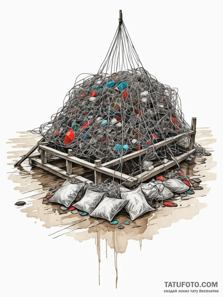 A pile of colorful, discarded fishing nets on... - эскиз тату (№1752835775_0, 18.07.2025 10:49) — Tatufoto.com