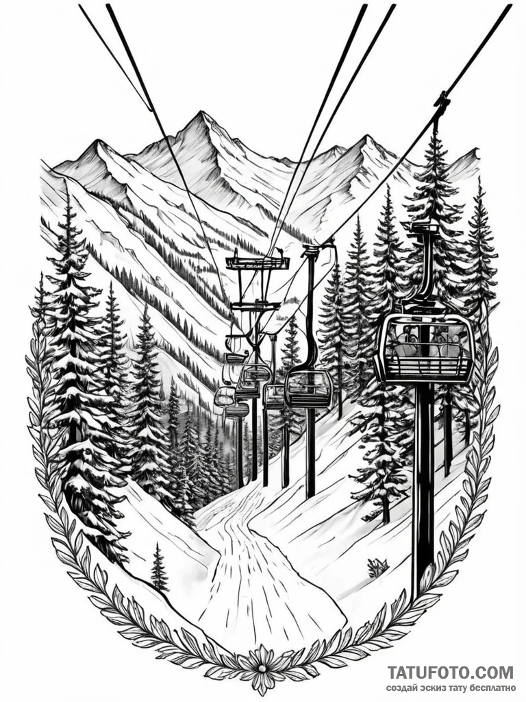 The view from a ski lift, looking down at ski... - эскиз тату (№1752843365_0, 18.07.2025 12:56) — Tatufoto.com