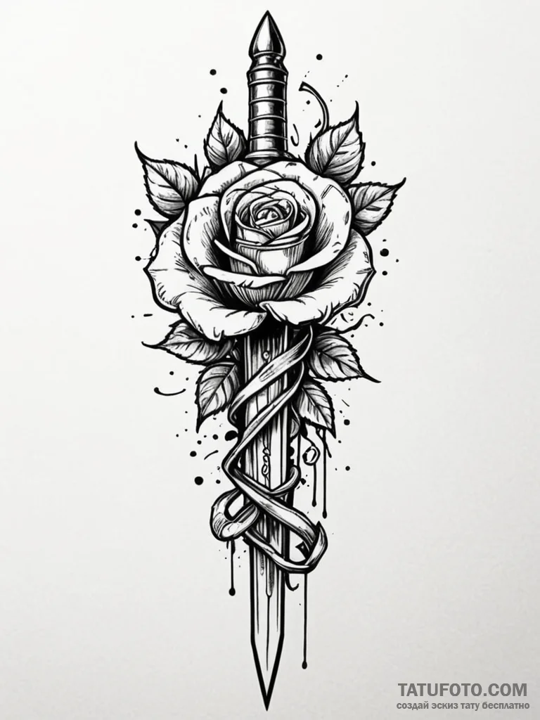 Dagger and rose, tattoo line art, trash polka... - эскиз тату (№1752843613_0, 18.07.2025 13:00) — Tatufoto.com