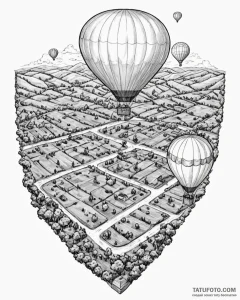 A view from a hot air balloon, looking down o... - эскиз тату (№1752844844_0, 18.07.2025 13:20) — Tatufoto.com