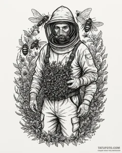 A portrait of a beekeeper holding a frame swa... - эскиз тату (№1752846436_0, 18.07.2025 13:47) — Tatufoto.com