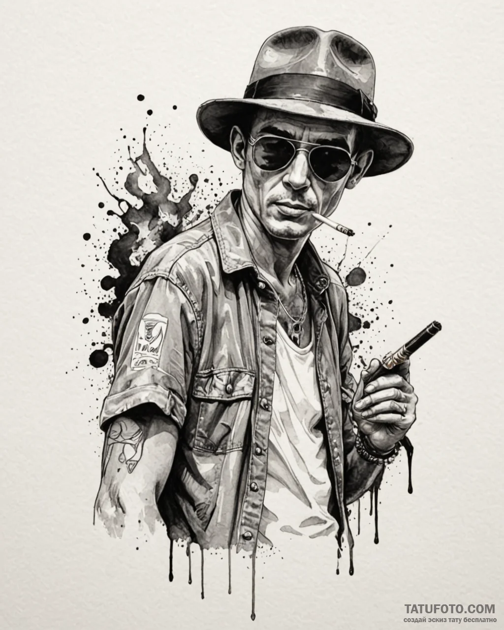 A trash polka portrait of hunter s. thompson... - эскиз тату (№1752847102_0, 18.07.2025 13:58) — Tatufoto.com