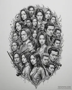 A sketch of the crazy 88 gang from kill bill,... - эскиз тату (№1752848782_0, 18.07.2025 14:26) — Tatufoto.com