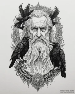 A graphic novel portrait of odin with his two... - эскиз тату (№1752850309_0, 18.07.2025 14:51) — Tatufoto.com