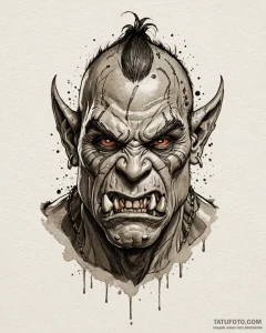 A trash polka tattoo of an orc's snarling fac... - эскиз тату (№1752850394_0, 18.07.2025 14:53) — Tatufoto.com