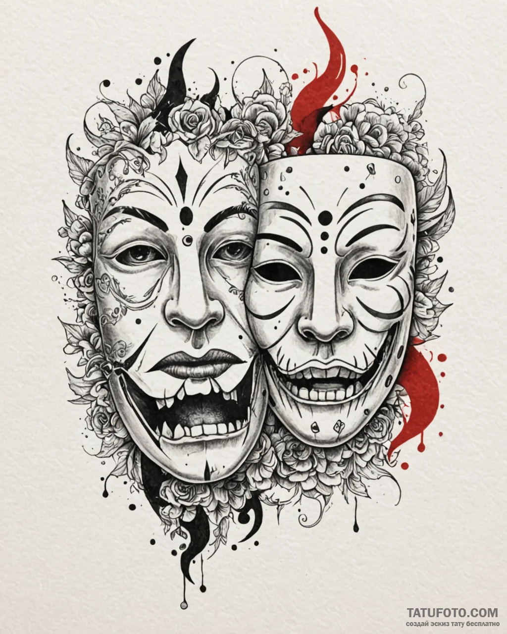 Tattoo design two halves of a theatre mask, o... - эскиз тату (№1752855649_0, 18.07.2025 16:20) — Tatufoto.com