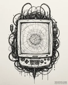 Tattoo design a stylized gaming monitor with... - эскиз тату (№1752856244_0, 18.07.2025 16:30) — Tatufoto.com