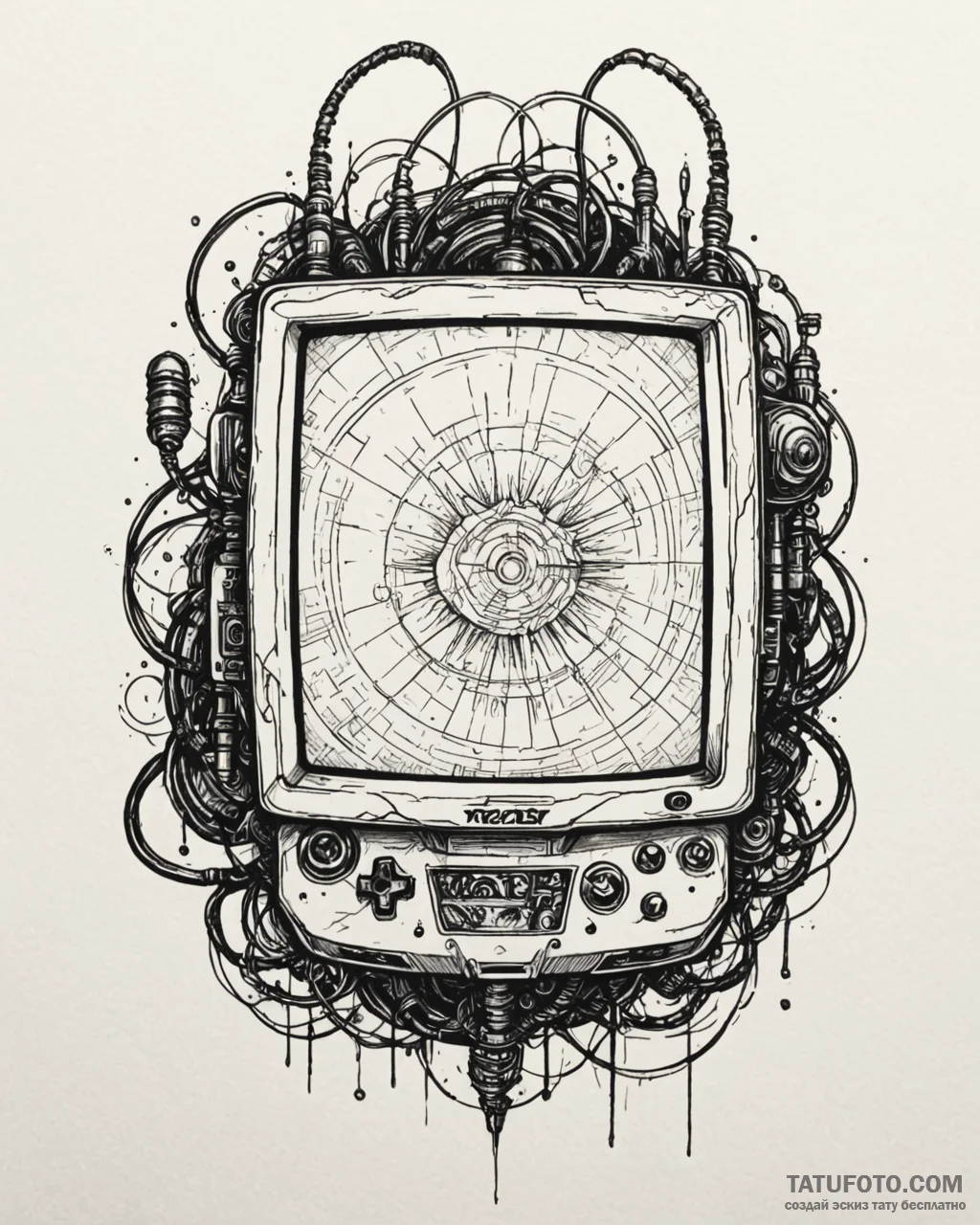 Tattoo design a stylized gaming monitor with... - эскиз тату (№1752856244_0, 18.07.2025 16:30) — Tatufoto.com