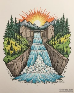 A shot of a hydroelectric dam, water powerful... - эскиз тату (№1752856921_0, 18.07.2025 16:42) — Tatufoto.com