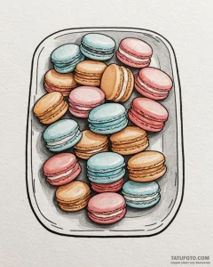 A tray of colorful french macarons., ink illu... - эскиз тату (№1752857857_0, 18.07.2025 16:57) — Tatufoto.com