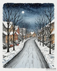 A quiet, snow-covered residential street in a... - эскиз тату (№1752861124_0, 18.07.2025 17:52) — Tatufoto.com