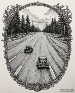 A shot of a road crew laying fresh asphalt.,... - эскиз тату (№1752863425_0, 18.07.2025 18:30) — Tatufoto.com