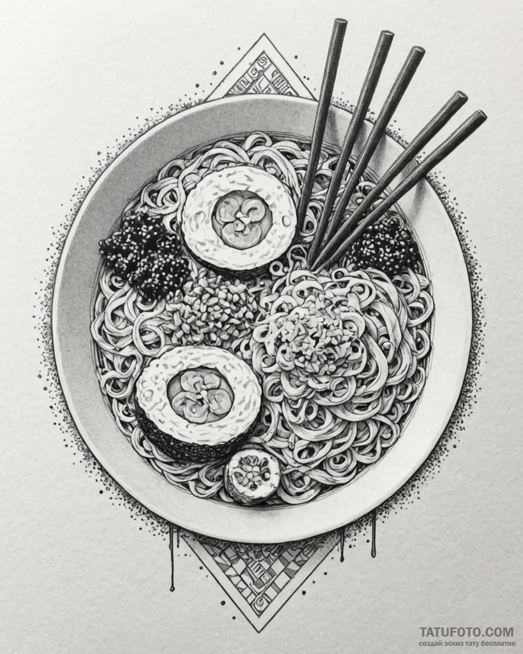 Tattoo design 'ramen bowl' on one, 'chopstick... - эскиз тату (№1752864105_0, 18.07.2025 18:41) — Tatufoto.com