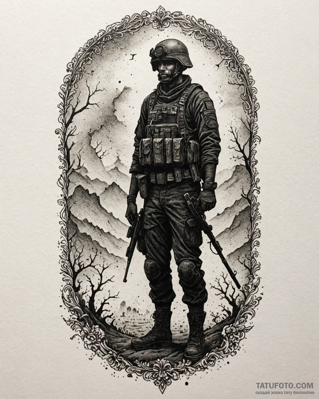Tattoo sketch a lone soldier silhouette stand... - эскиз тату (№1752864361_0, 18.07.2025 18:46) — Tatufoto.com