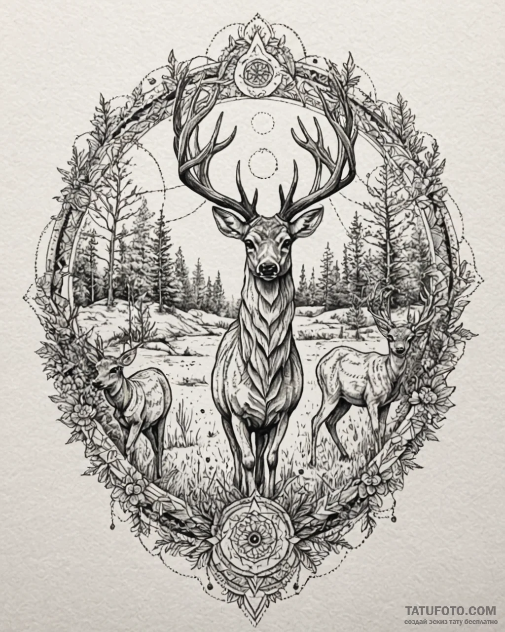 A small herd of deer grazing in a forest clea... - эскиз тату (№1752868292_0, 18.07.2025 19:51) — Tatufoto.com