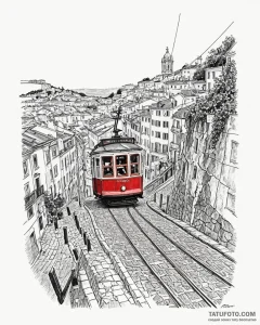 A vintage tram climbing a steep hill in lisbo... - эскиз тату (№1752869311_0, 18.07.2025 20:08) — Tatufoto.com