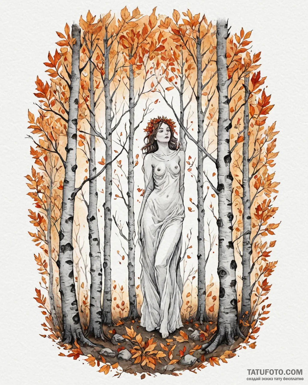 A watercolor tattoo of a birch grove in autum... - эскиз тату (№1752874391_0, 18.07.2025 21:33) — Tatufoto.com