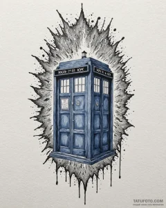 A watercolor tattoo of the tardis exploding,... - эскиз тату (№1752874641_0, 18.07.2025 21:37) — Tatufoto.com