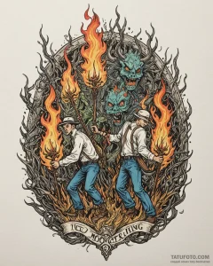 A graphic novel panel of a mob with torches a... - эскиз тату (№1752874724_0, 18.07.2025 21:38) — Tatufoto.com