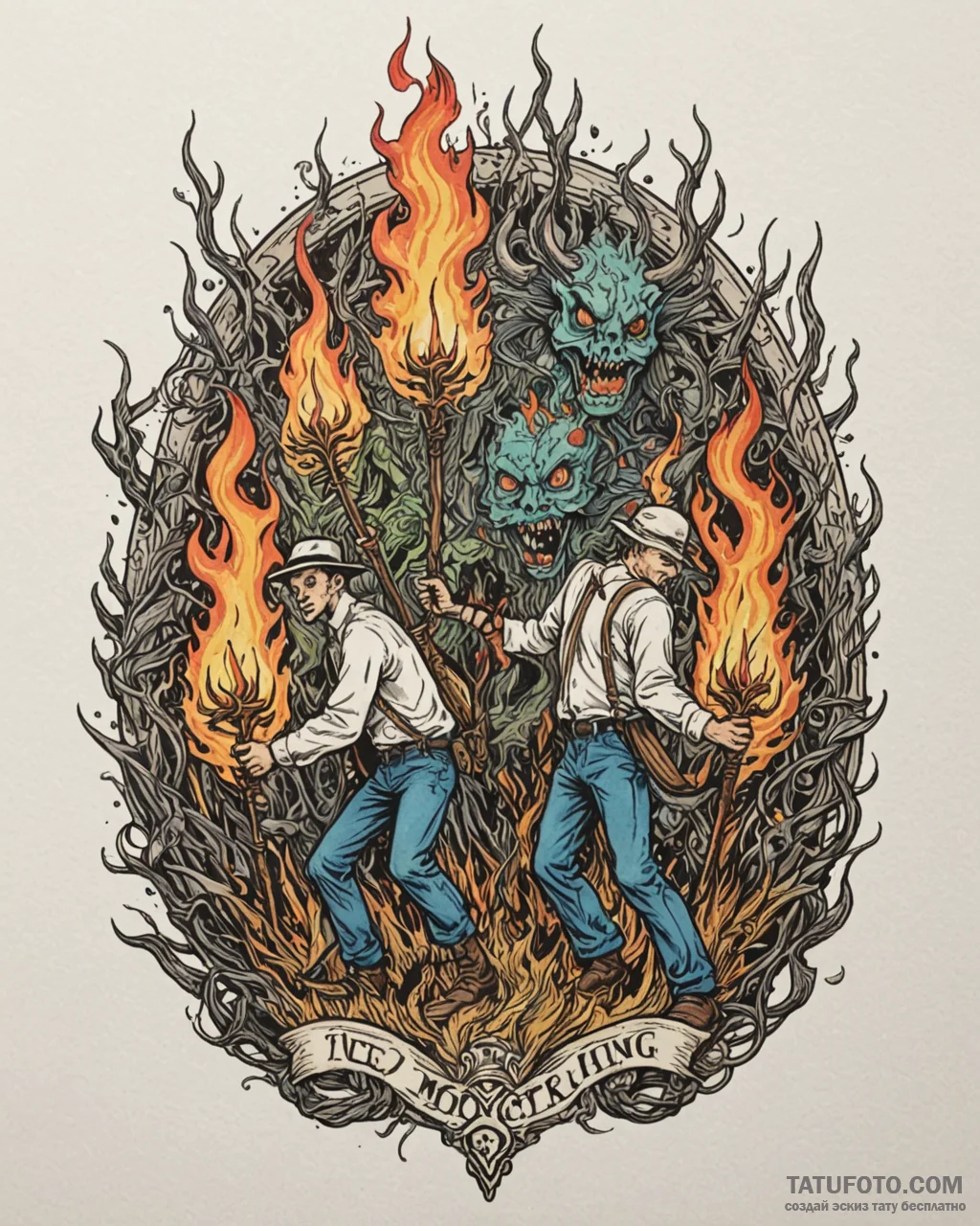 A graphic novel panel of a mob with torches a… — эскиз тату (№1752874724_0, 18.07.2025 21:38) — Tatufoto.com