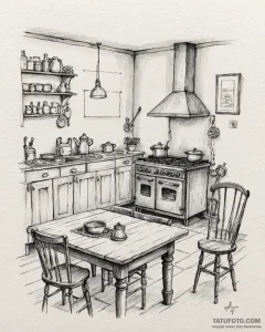 A warm and inviting farmhouse kitchen with a... - эскиз тату (№1752875140_0, 18.07.2025 21:45) — Tatufoto.com