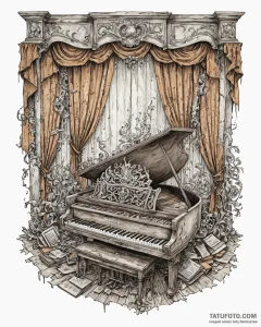 An abandoned, dusty ballroom with tattered cu... - эскиз тату (№1752876394_0, 18.07.2025 22:06) — Tatufoto.com