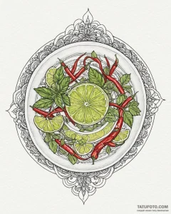 A vibrant bowl of pho, with fresh herbs, lime... - эскиз тату (№1752877395_0, 18.07.2025 22:23) — Tatufoto.com
