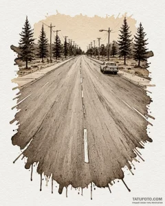 A shot of a road crew laying fresh asphalt.,... - эскиз тату (№1752878649_0, 18.07.2025 22:44) — Tatufoto.com