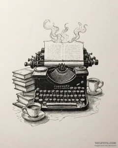 A cozy, messy writer's desk with a vintage ty... - эскиз тату (№1752879149_0, 18.07.2025 22:52) — Tatufoto.com