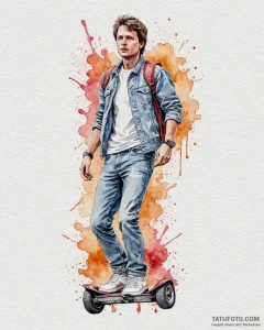 128. a watercolor sketch of marty mcfly on th... - эскиз тату (№1752880070_0, 18.07.2025 23:07) — Tatufoto.com