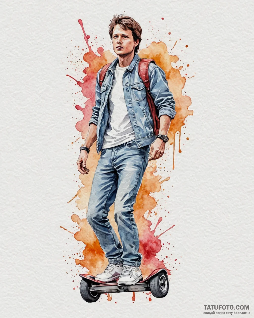 128. a watercolor sketch of marty mcfly on th... - эскиз тату (№1752880070_0, 18.07.2025 23:07) — Tatufoto.com