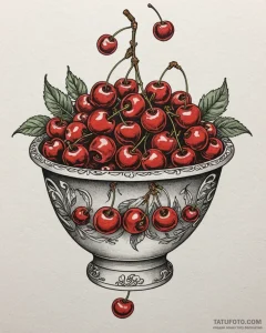 A bowl of ripe, red cherries., tattoo drawing... - эскиз тату (№1752880746_0, 18.07.2025 23:19) — Tatufoto.com