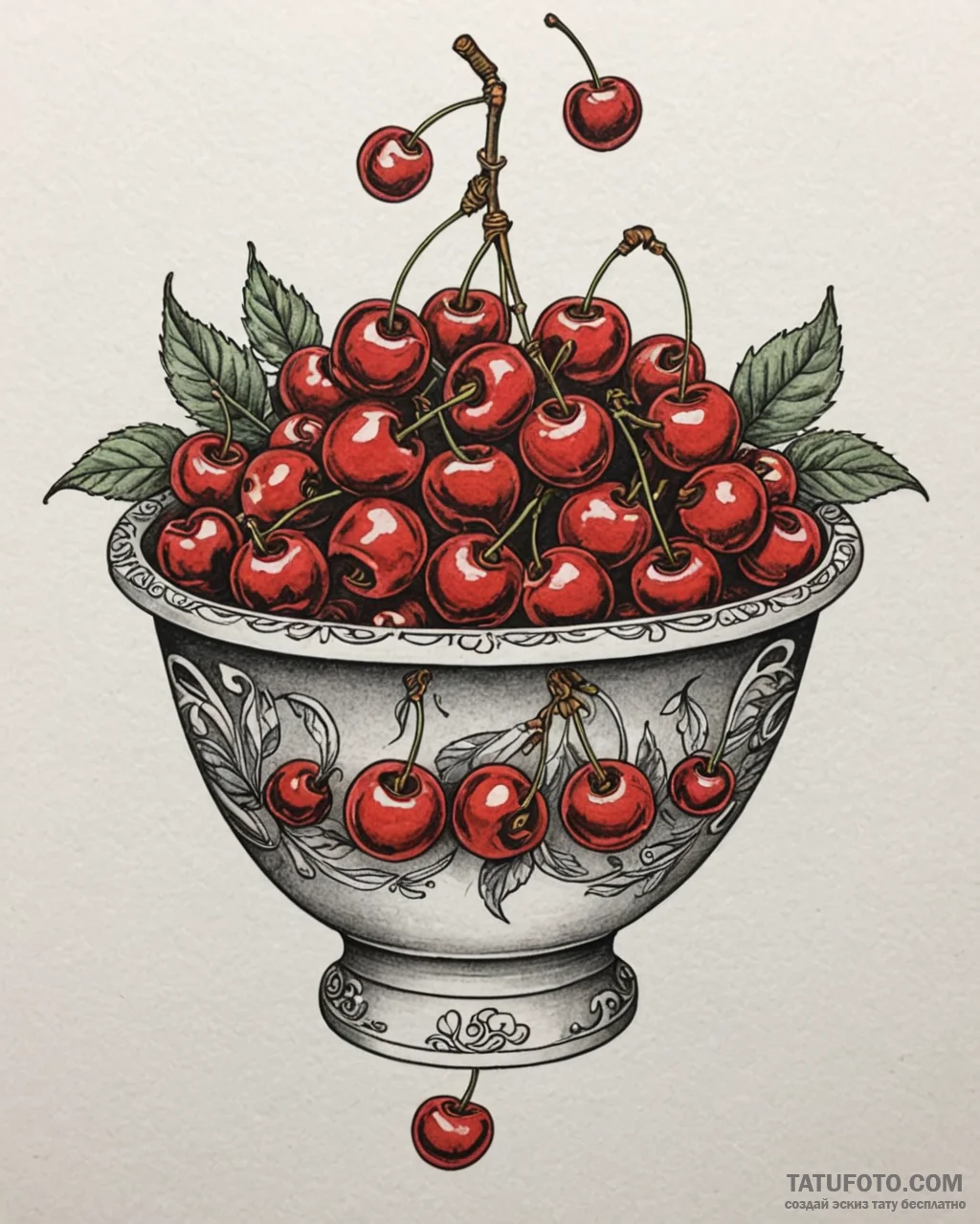 A bowl of ripe, red cherries., tattoo drawing... - эскиз тату (№1752880746_0, 18.07.2025 23:19) — Tatufoto.com