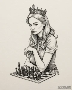 A neo-traditional tattoo of the queen's gambi... - эскиз тату (№1752881417_0, 18.07.2025 23:30) — Tatufoto.com