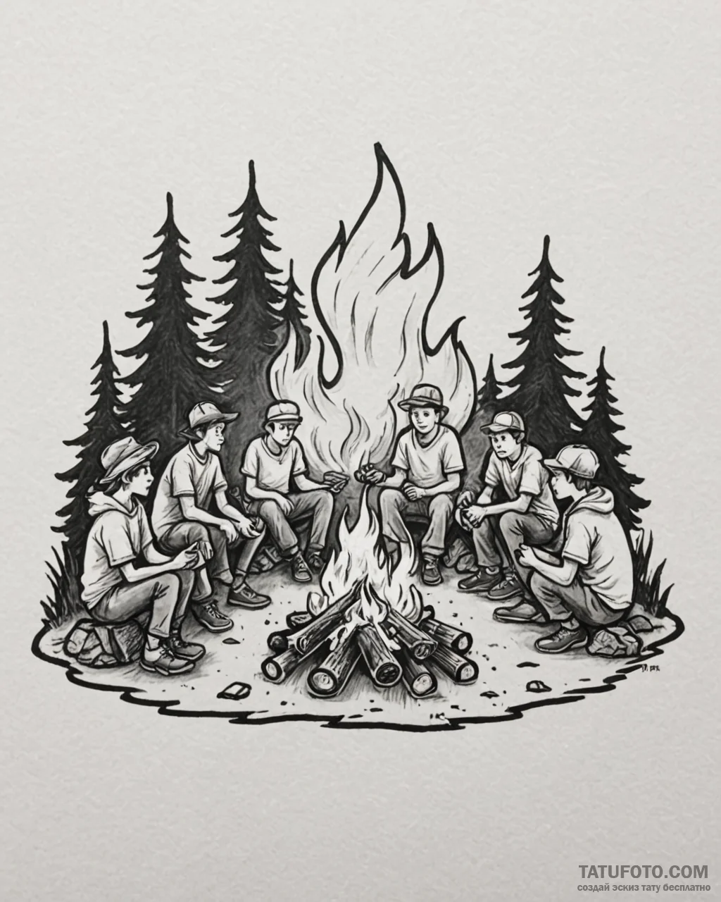 A group of people around a campfire, telling… — эскиз тату (№1752882000_0, 18.07.2025 23:40) — Tatufoto.com