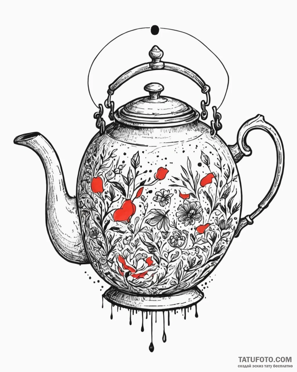 Teapot, artistic tattoo sketch, on a clean wh... - эскиз тату (№1752882502_0, 18.07.2025 23:48) — Tatufoto.com