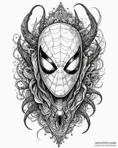 A trash polka tattoo of spider-man's mask, ha... - эскиз тату (№1752885607_0, 19.07.2025 00:40) — Tatufoto.com