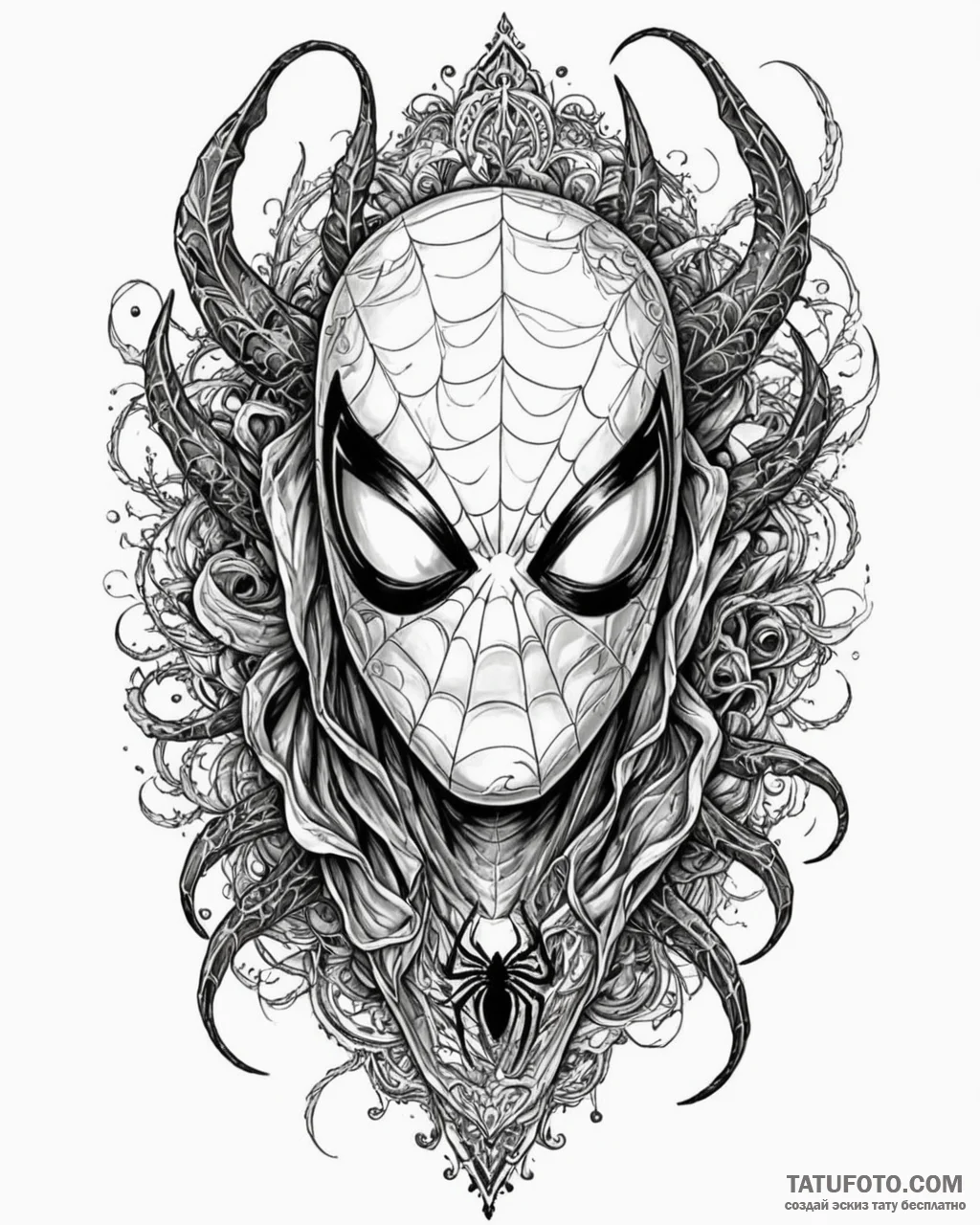 A trash polka tattoo of spider-man’s mask, ha… — эскиз тату (№1752885607_0, 19.07.2025 00:40) — Tatufoto.com