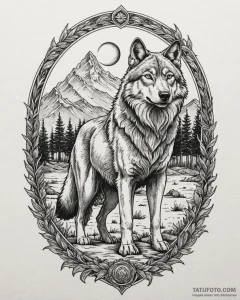 Tattoo design a lone wolf standing calmly in... - эскиз тату (№1752885941_0, 19.07.2025 00:45) — Tatufoto.com