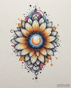 Tattoo sketch a flower whose center is a tiny... - эскиз тату (№1752886281_0, 19.07.2025 00:51) — Tatufoto.com