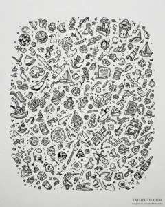 A child's messy playroom, with toys scattered... - эскиз тату (№1752887444_0, 19.07.2025 01:10) — Tatufoto.com