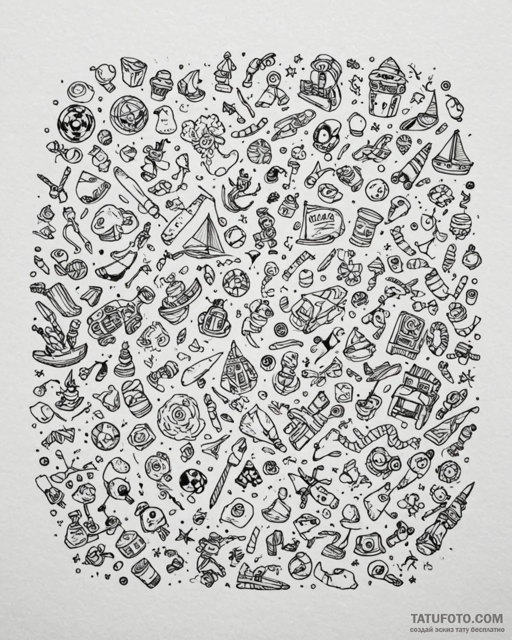 A child’s messy playroom, with toys scattered… — эскиз тату (№1752887444_0, 19.07.2025 01:10) — Tatufoto.com