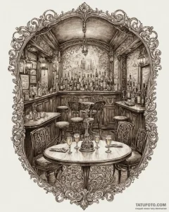 A dimly lit, atmospheric speakeasy bar with v... - эскиз тату (№1752887528_0, 19.07.2025 01:12) — Tatufoto.com
