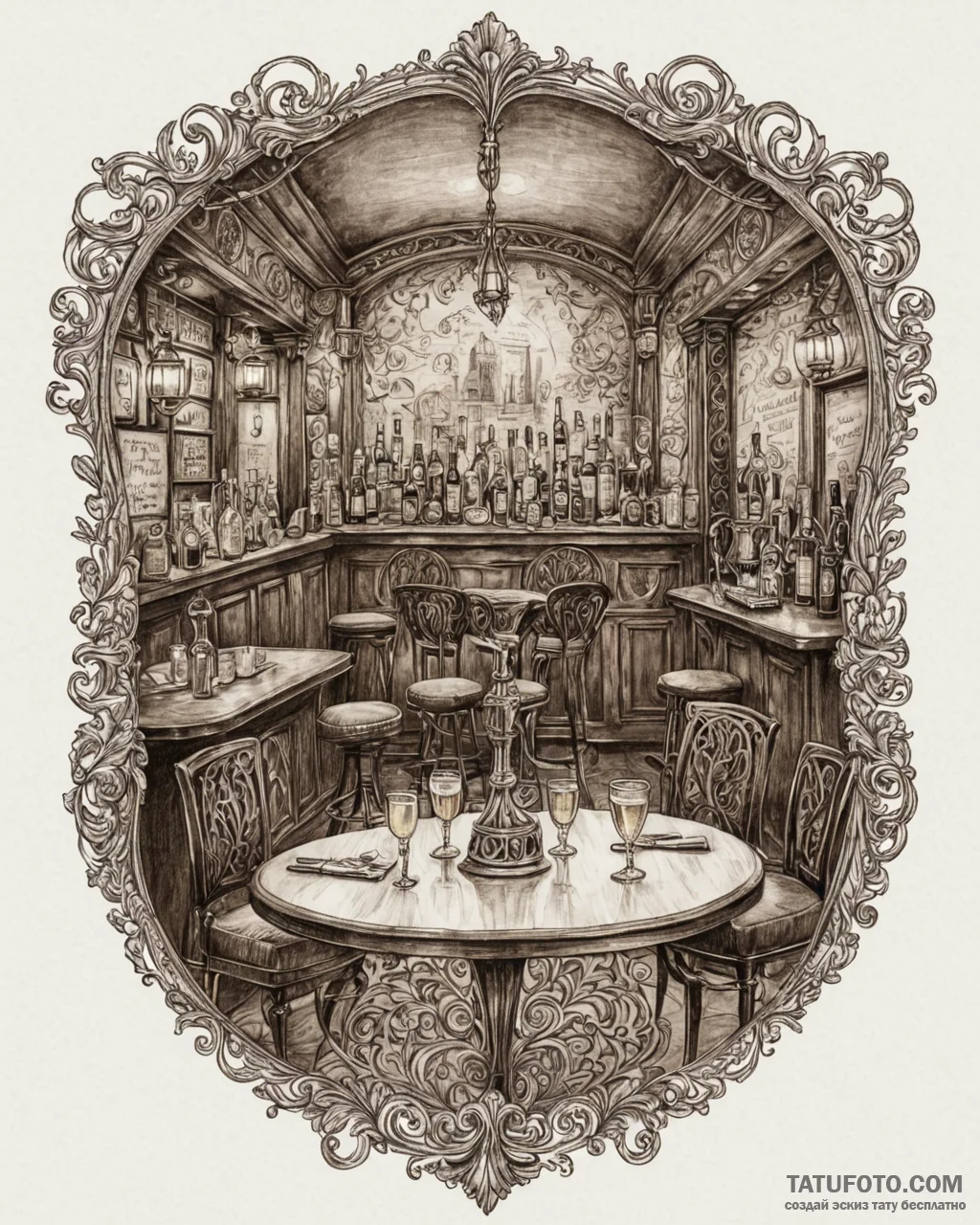 A dimly lit, atmospheric speakeasy bar with v… — эскиз тату (№1752887528_0, 19.07.2025 01:12) — Tatufoto.com
