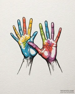 Tattoo sketch a 'high five' gesture, split be... - эскиз тату (№1752888274_0, 19.07.2025 01:24) — Tatufoto.com